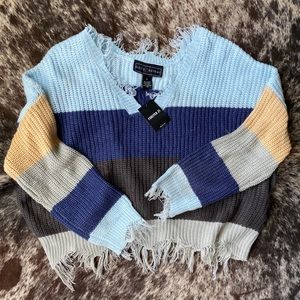 Oversized frayed colorblock sweater